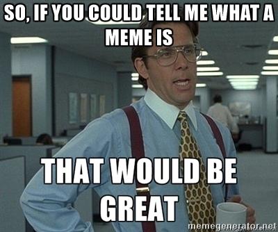 SO, IF YOU COULD TELL ME WHAT A
MEME IS
THAT WOULD BE
GREAT
memegenerator.net
