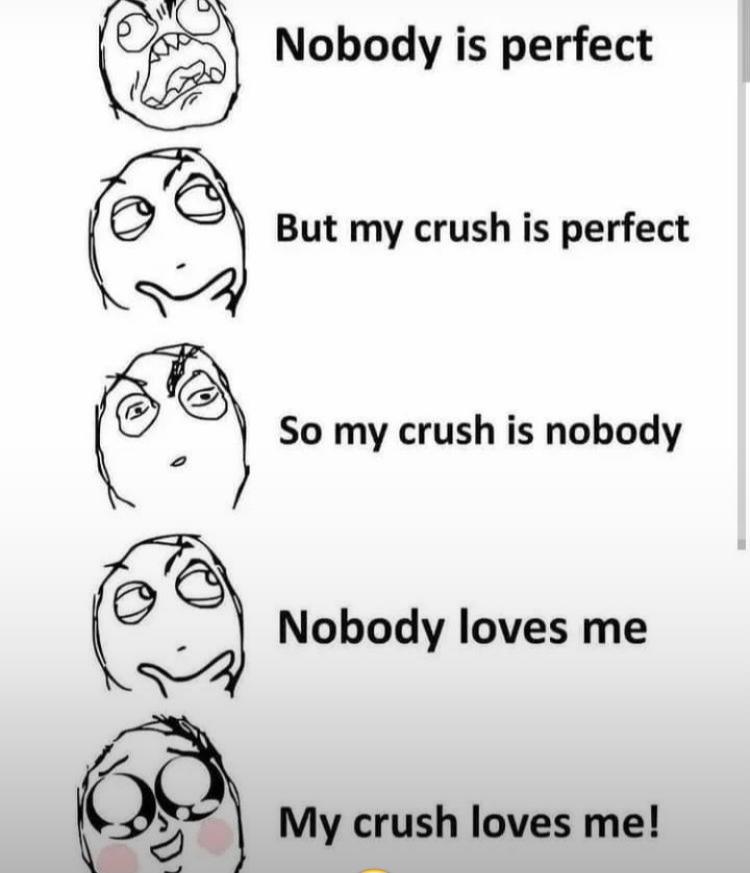J
Nobody is perfect
But my crush is perfect
So my crush is nobody
Nobody loves me
My crush loves me!
