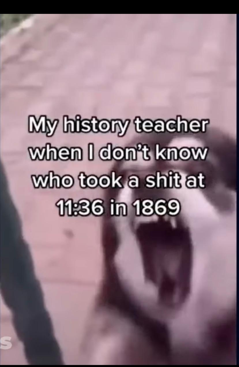 S
My history teacher
when I don't know
who took a shit at
11:36 in 1869