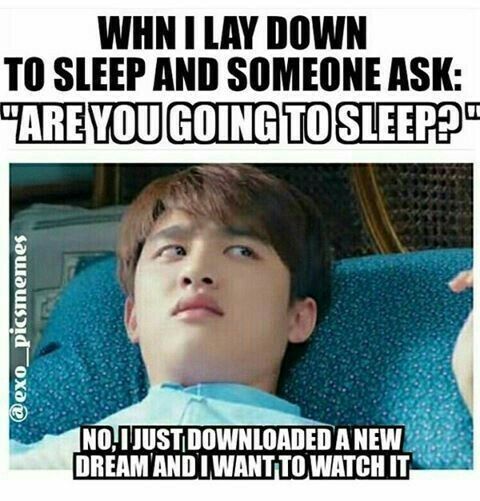 WHN I LAY DOWN
TO SLEEP AND SOMEONE ASK:
"ARE YOU GOING TO SLEEP?"
@exo_picsmemes
NO,IJUST DOWNLOADED A NEW
DREAM AND I WANT TO WATCH IT