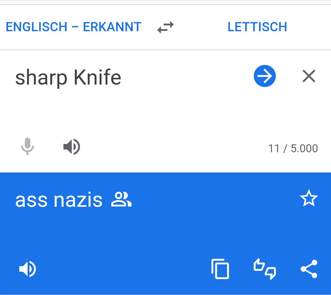 ENGLISCH - ERKANNT
sharp Knife
ass nazis
LETTISCH
0
X
11 / 5.000
Ba
