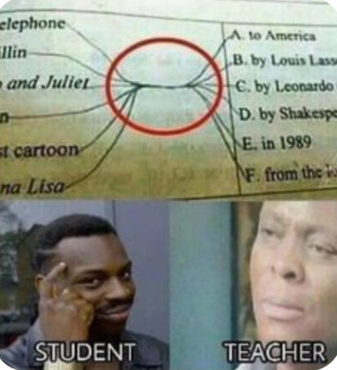 elephone
llin
and Juliet
n
st cartoon
na Lisa
STUDENT
A. to America
B. by Louis Lasse
C. by Leonardo
D. by Shakespe
E. in 1989
F. from the lo
TEACHER