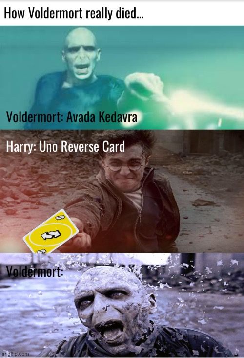 How Voldermort really died...
Voldermort: Avada Kedavra
Harry: Uno Reverse Card
Voldemort:
imguip.com