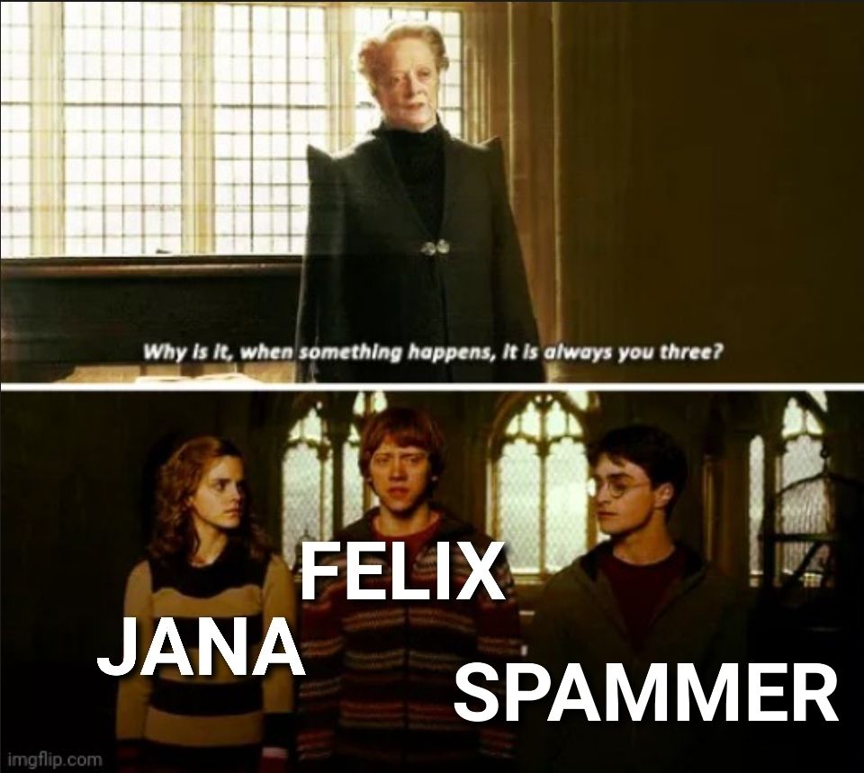 
SAL
Why is it, when something happens, it is always you three?
JANA
FELIX
SPAMMER
