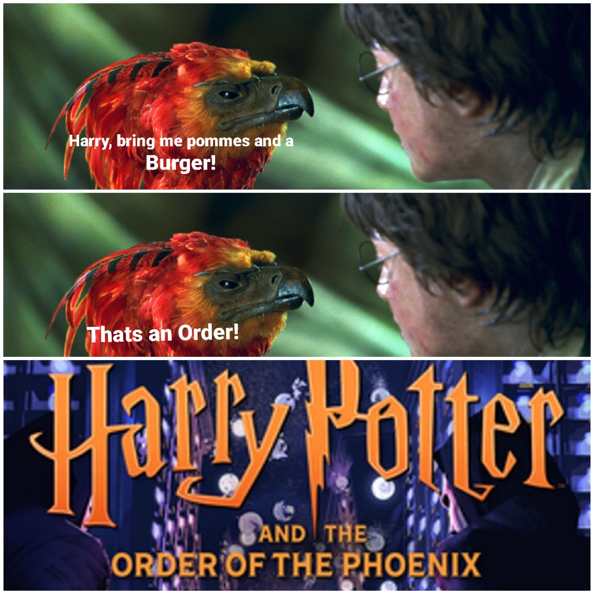Harry, bring me pommes and a
Burger!
Thats an Order!
Harry Potter
SAND THE
ORDER OF THE PHOENIX