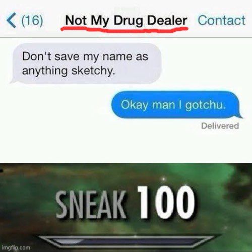 < (16) Not My Drug Dealer Contact
Don't save my name as
anything sketchy.

Okay man I gotchu.
SNEAK 100
Delivered