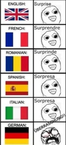 ENGLISH: Surprise
FRENCH: Surprendre
ROMANIAN: Surprinde
SPANISH: Sorpresa
ITALIAN: Sorpresa
GERMAN:
ÜBERRASSHUNG!!