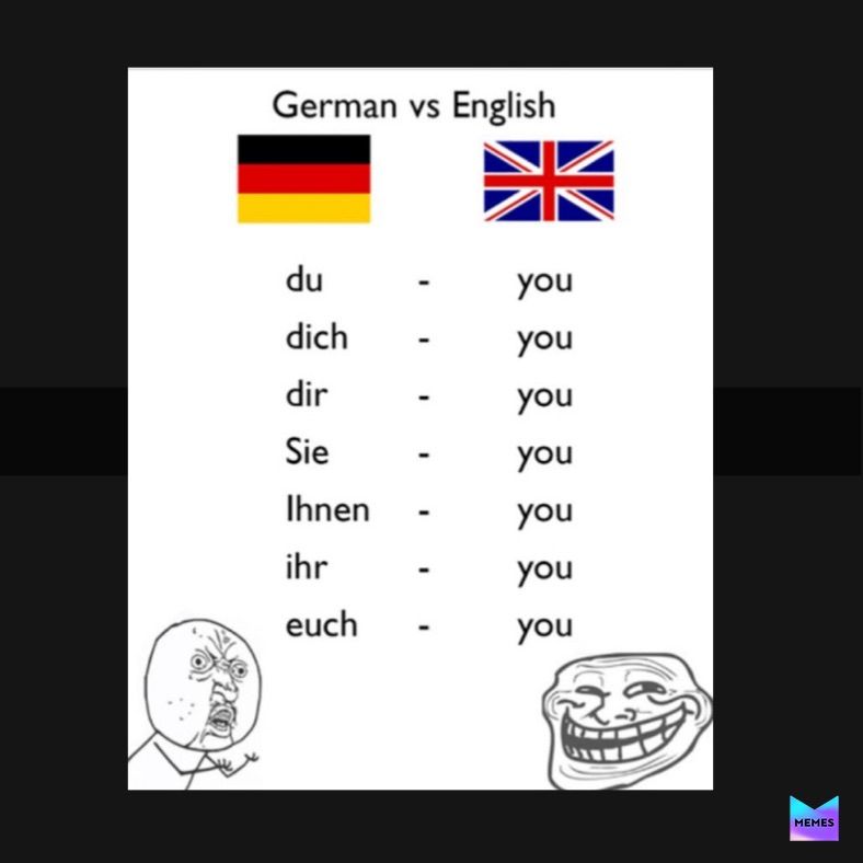 German vs English
du
dich
dir
Sie
Ihnen
ihr
euch
you
you
you
you
you
you
you
MEMES