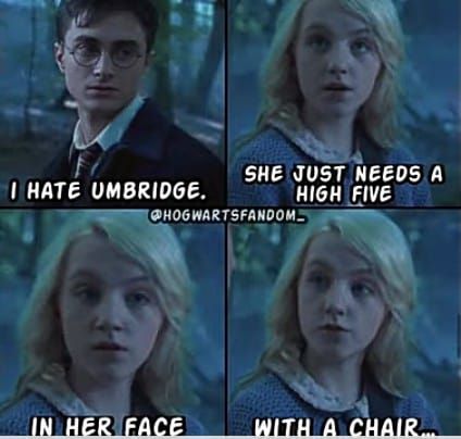 I HATE UMBRIDGE.
SHE JUST NEEDS A
HIGH FIVE
@HOGWARTSFANDOM
IN HER FACE
WITH A CHAIR...
