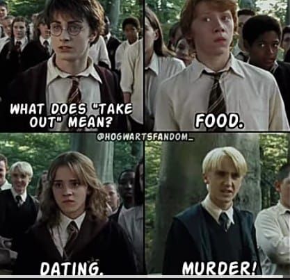 WHAT DOES TAKE
OUT" MEAN?
FOOD.
HOGWARTSFANDOM_
DATING.
MURDER!