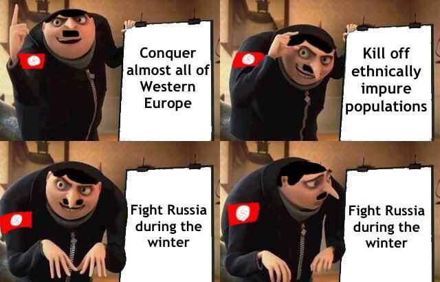 Conquer
almost all of
Western
Europe
Fight Russia
during the
winter
Kill off
ethnically
impure
populations
Fight Russia
during the
winter