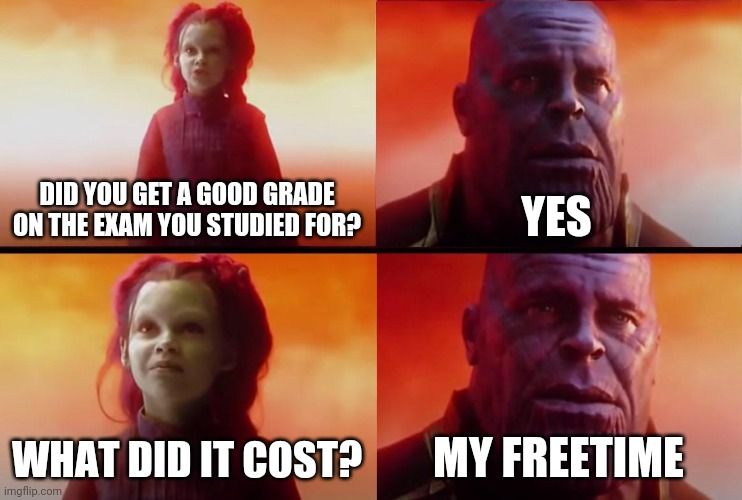 DID YOU GET A GOOD GRADE
ON THE EXAM YOU STUDIED FOR?
WHAT DID IT COST?

YES
MY FREETIME