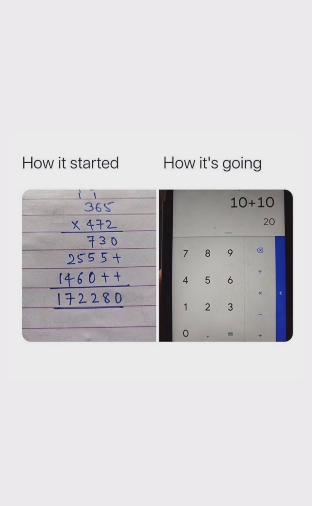 How it started
365
X 472
730
2555 +
1460++
172280
How it's going
10+10
789
4 5 6
1 2 3
11
+
20